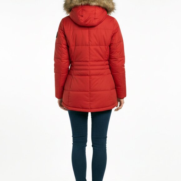 ESPRIT Women's Red Puffer Jacket Faux Fur Hood Toggle Winter Down Coat Size (M) - Picture 8 of 9